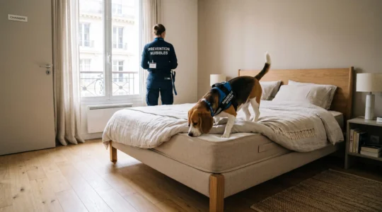Chien détecteur de punaises de lit reniflant le long d'un sommier dans une chambre contemporaine lors d'une intervention professionnelle, maître-chien en arrière-plan