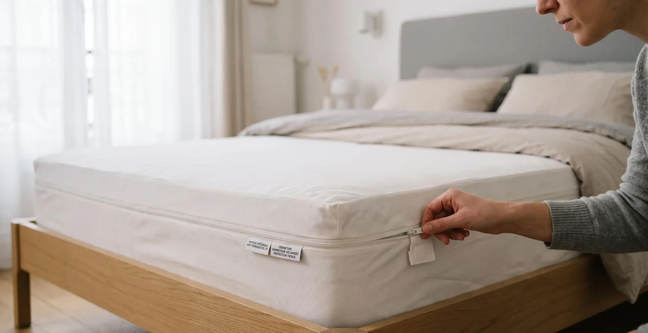Matelas recouvert d'une housse hermétique anti-punaises blanche avec fermeture éclair fermée, dans une chambre contemporaine lumineuse
