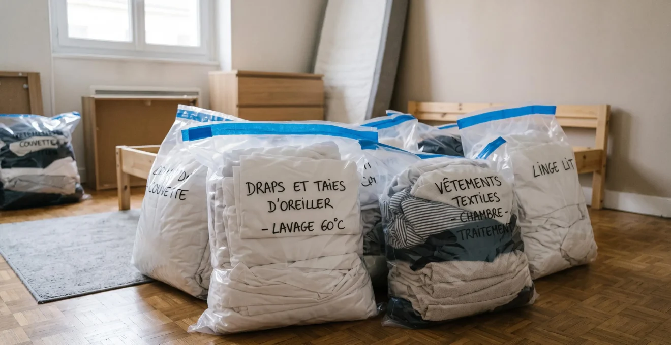 Sacs hermétiques transparents contenant linge et textiles conditionnés pour traitement anti-punaises, chambre en préparation en arrière-plan