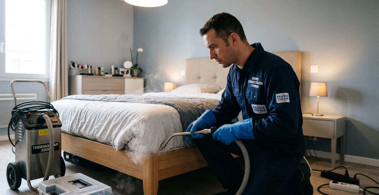 Technicien certifié en tenue professionnelle appliquant un traitement thermique avec équipement spécialisé dans une chambre, regard dirigé vers la zone traitée